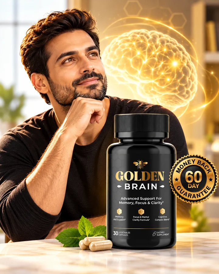 A smiling man resting his chin on his hand beside a bottle of Golden Brain capsules