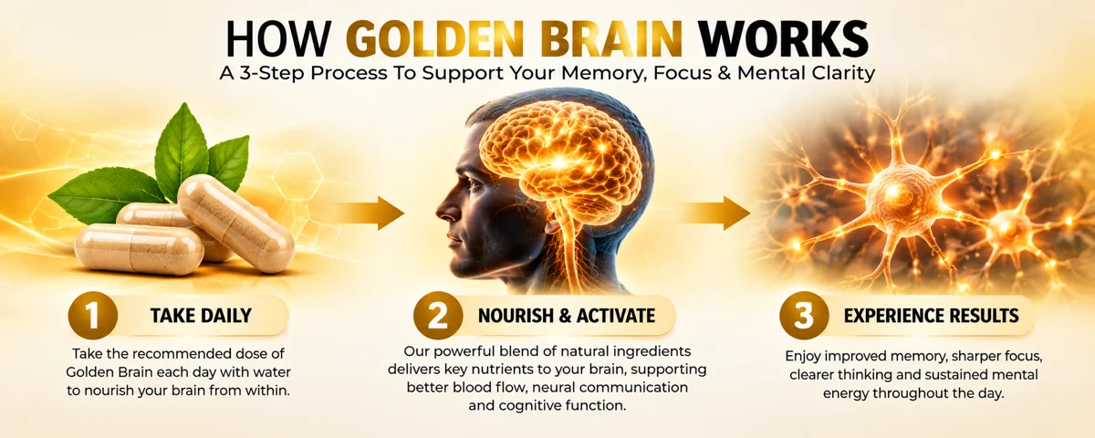 Infographic: Golden Brain works in three steps. Take daily, nourish and activate, experience results.